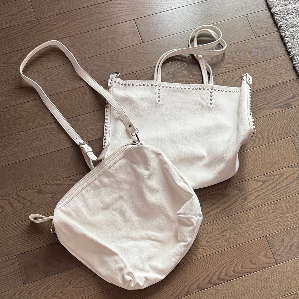 White Women's Leather Tote & Crossbody Bag Set
